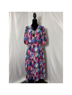 Bobeau Geometric Print Faux Wrap Midi Dress Multi-Color Small